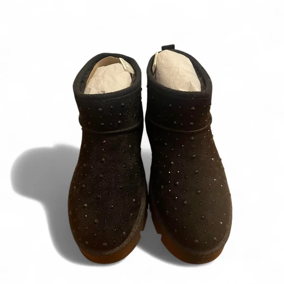 White Mountain “Tomas” Faux Fur Lined Studded Ankle Booties – Black Faux Suede - Picture 2 of 3